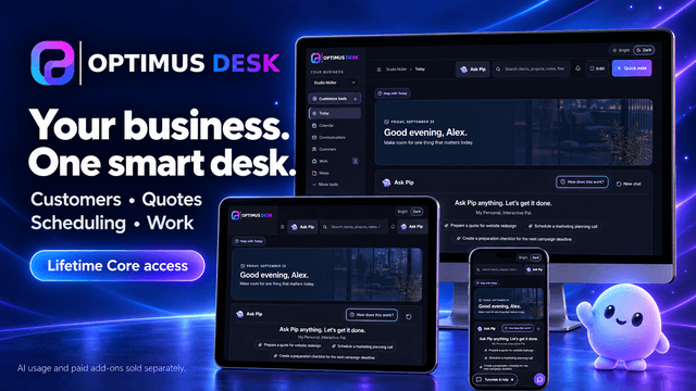 OptimusDesk displayed on desktop, tablet and phone, with Pip beside the devices.